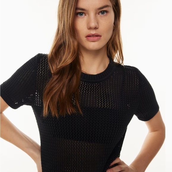 TNA Delamont Sweater Short Sleeve Open Knit Pattern Black Large - Picture 12 of 15